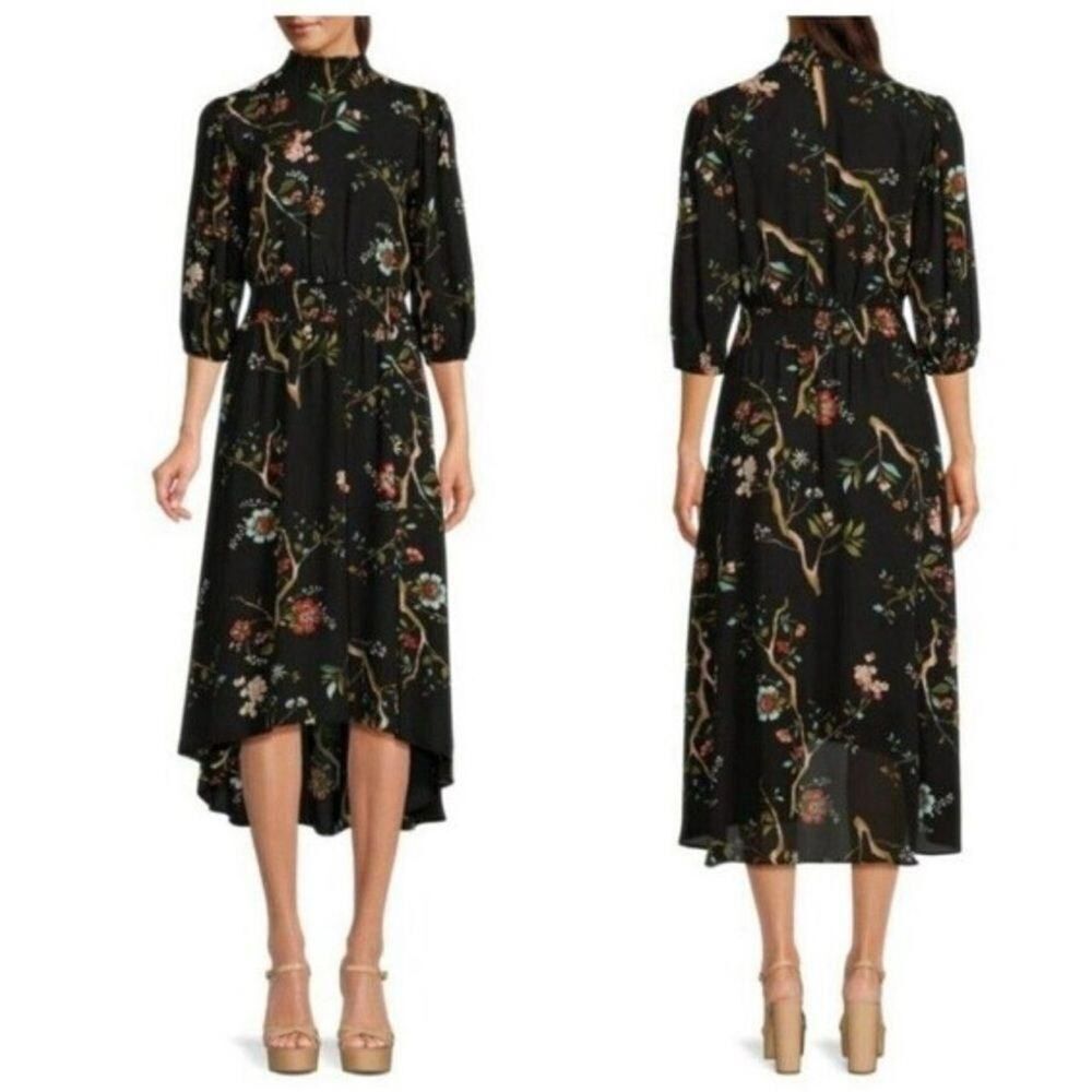 Nanette Lepore Floral High Neck Midi Dress Black Dark Romantic Boho Whimsy Goth